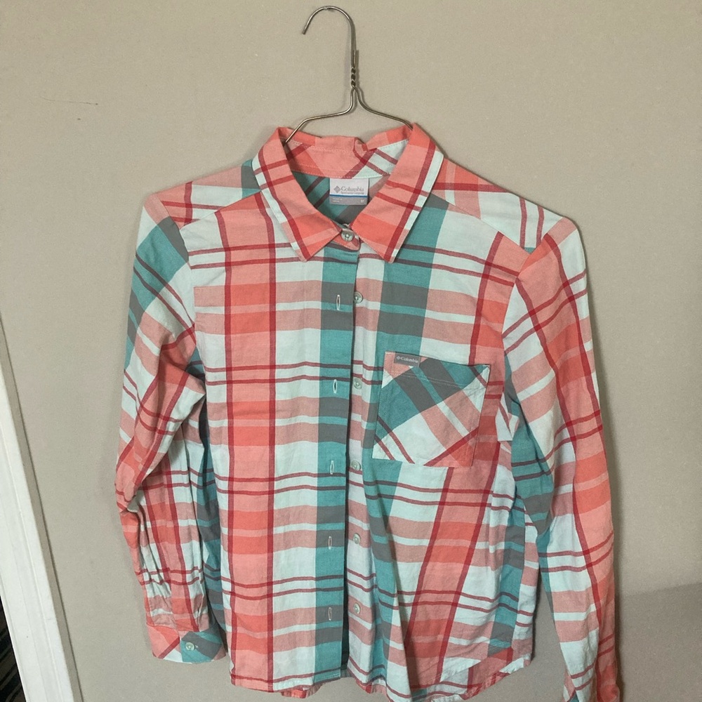 Columbia Coral and Teal Plaid Button-Up Shirt